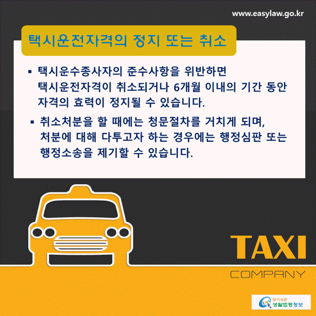 택시운전자격의 정지 또는 취소: 택시운수종사자의 준수사항을 위반하면 택시운전자격이 취소되거나 6개월 이내의 기간 동안 자격의 효력이 정지될 수 있습니다. 취소처분을 할 때에는 청문절차를 거치게 되며, 처분에 대해 다투고자 하는 경우에는 행정심판 또는 행정소송을 제기할 수 있습니다.